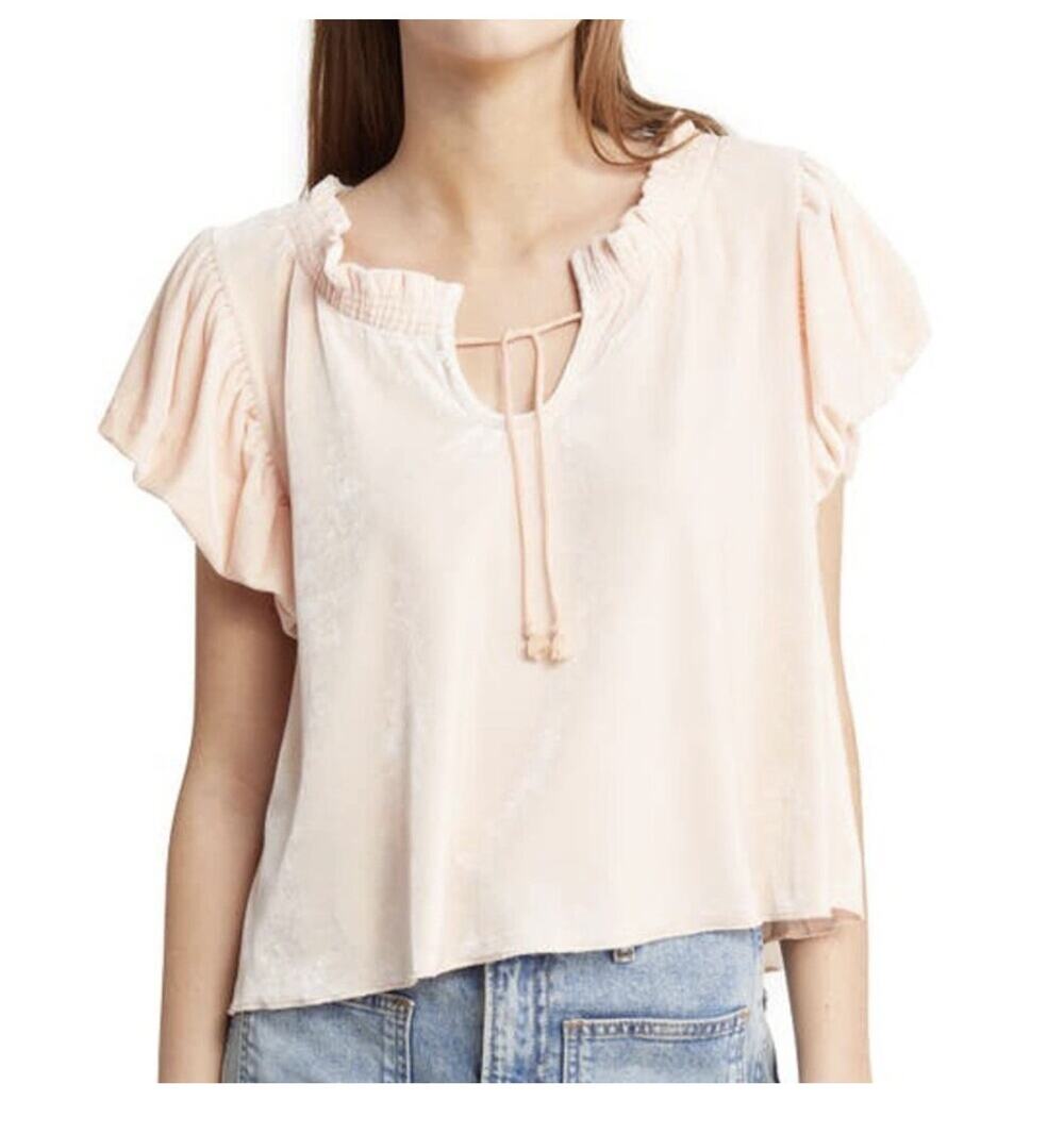 Free people Terese Velour Top Pink Tint Soft Peach Split Smocked Neck Medium